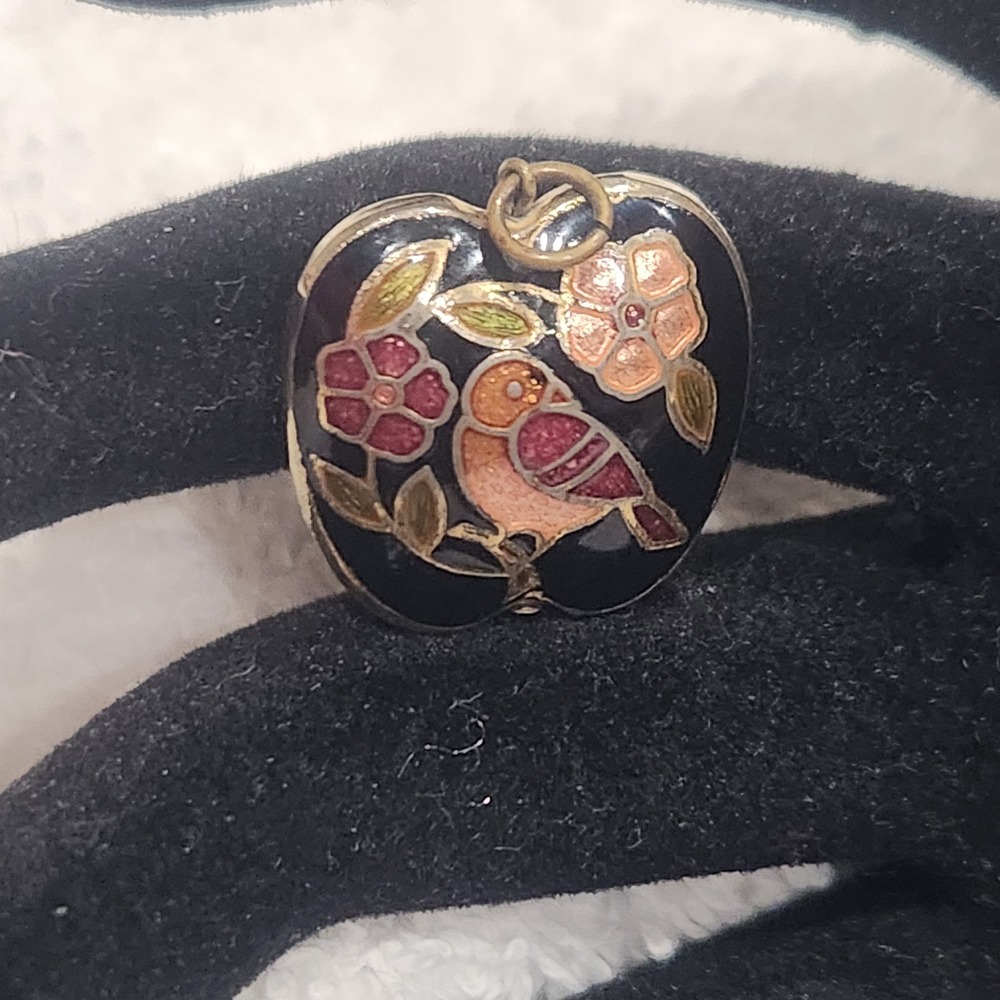 Vintage Cloisonne Enamel Apple Pendant Bird Floral Black Gold Tone Charm
